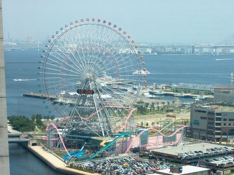 Close-up of the ferris wheel, roller coasters...